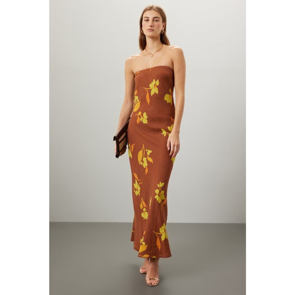 RTR Soleil Soleil Sz 5 Brown Floral Print Maeve Linen Strapless Bias Maxi Dress